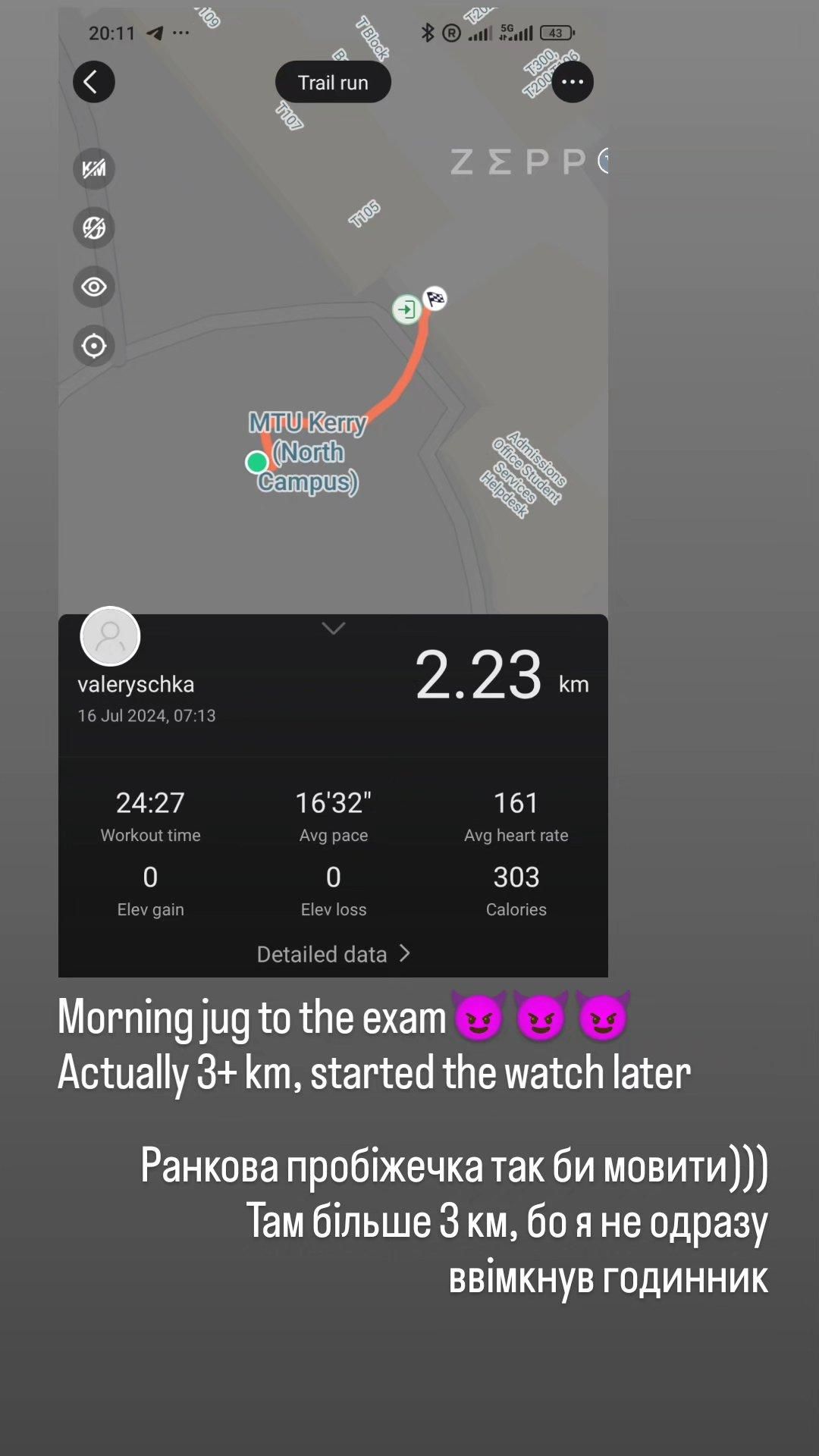 Screenshot of a fitness tracking app showing a 2.23 km morning jog route to MTU Kerry North Campus in Tralee on the morning of the exam.
