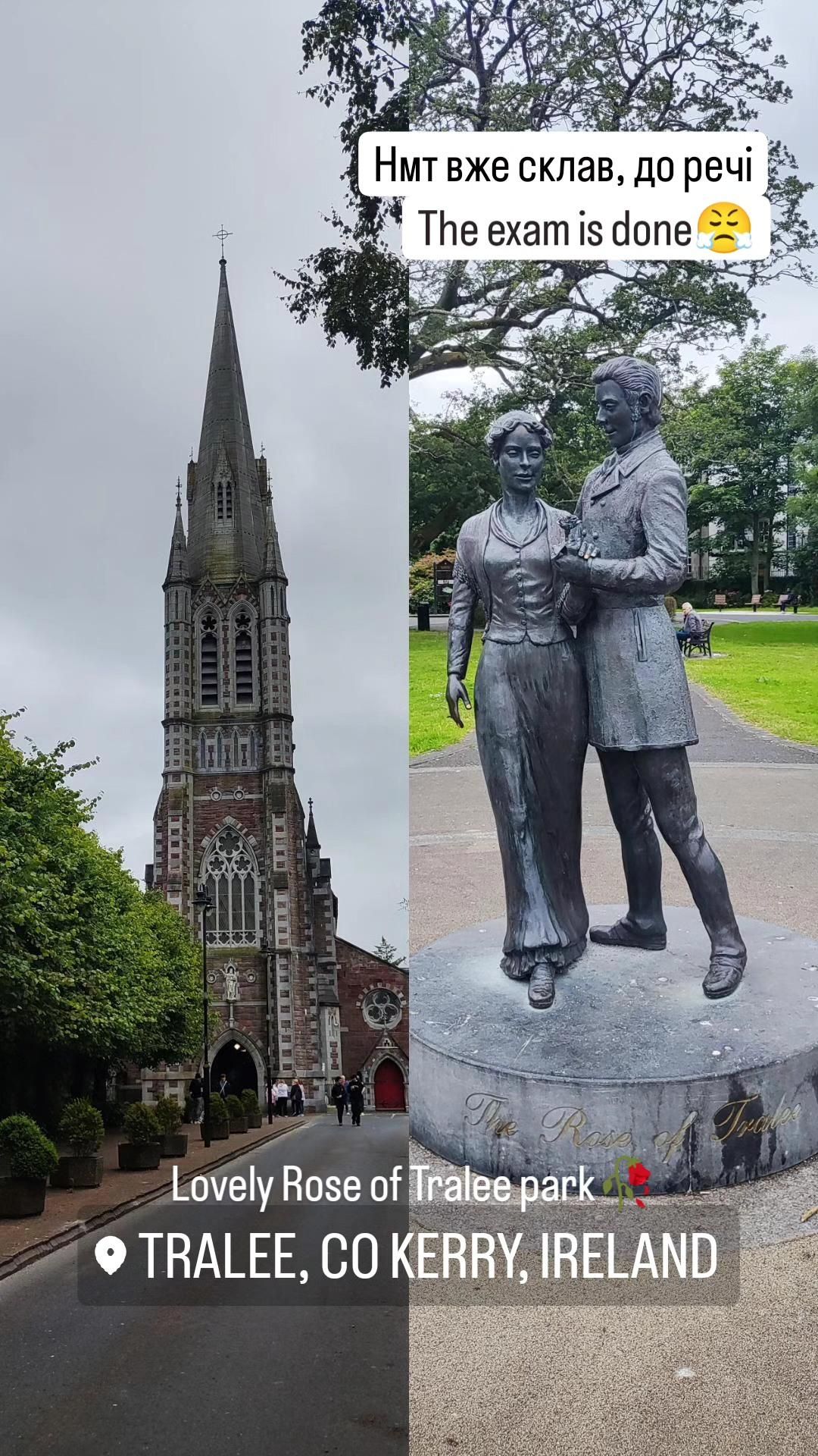 Split photo of Tralee, Ireland showing St. John's Church spire on the left and the bronze Rose of Tralee statue in the park on the right.