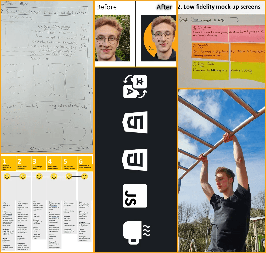 A collage showcasing the UX/UI design and web development process, including sketches, user journey maps, mock-ups, and a banner with technology logos like HTML5 and JavaScript.