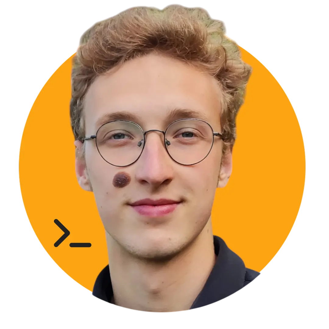 A photo of me - Valerii Navalnyi, an aspiring web developer happily smiling in black t-shirt on orange oval background with cli (command line interface) icon next to me.