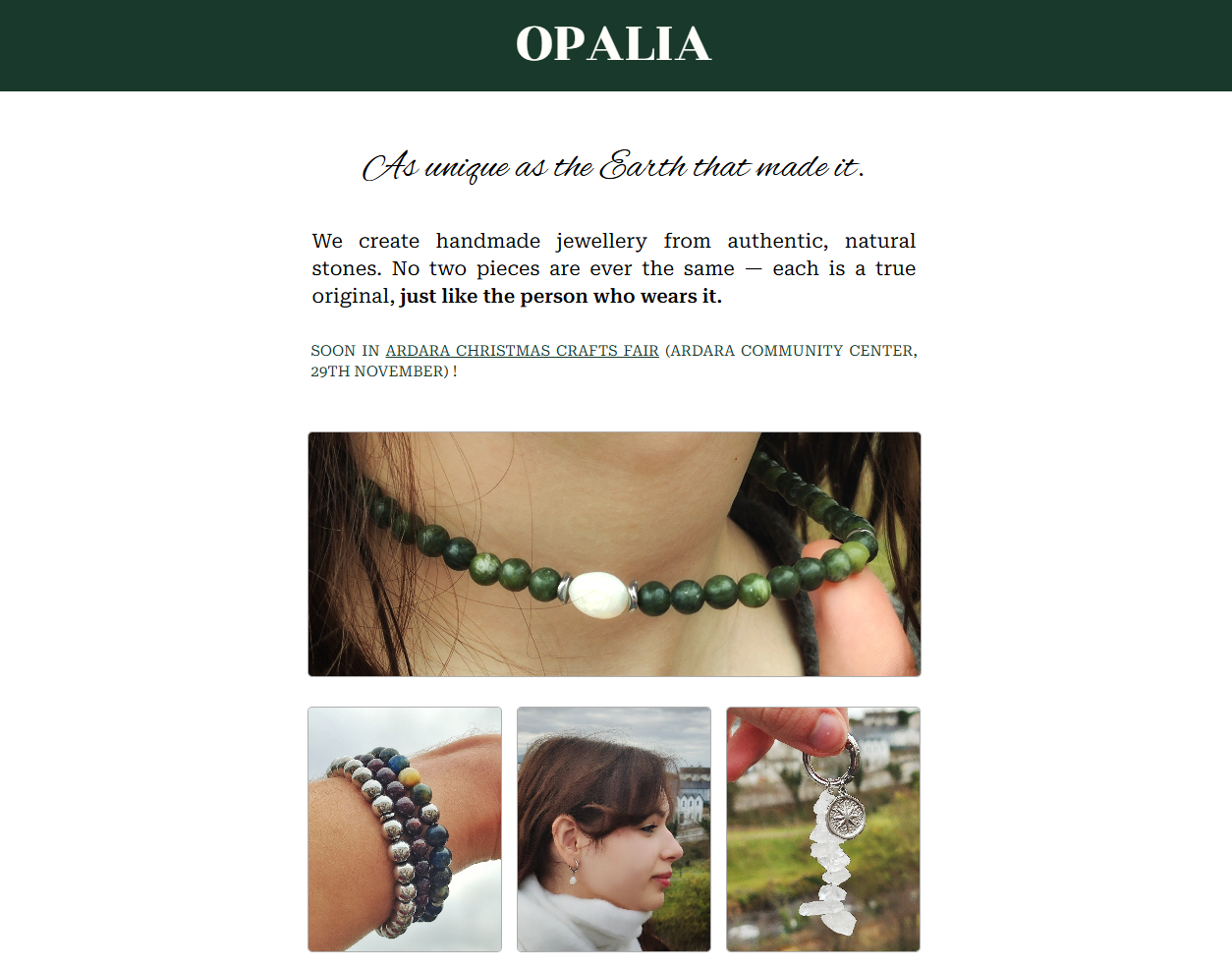 Screenshot of the Opalia jewelry website homepage featuring a dark green header with elegant white serif typography. The layout displays a sophisticated brand introduction and a responsive photo grid showcasing handmade gemstone necklaces, bracelets, and accessories on models.