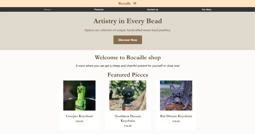 Screenshot of the 'Rocaille' e-commerce website homepage, displaying the tagline 'Artistry in Every Bead' and featured handcrafted bead keychains.