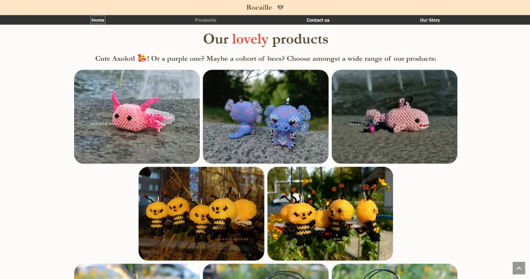 Screenshot of the 'Rocaille' shop's product page, showing a variety of cute, handcrafted beaded animal keychains like axolotls and bees.